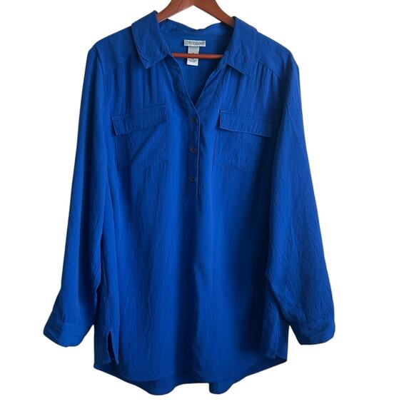 Maggie Barnes‎ Women Tunic Top 1X Royal Blue Crinkle Button Up Business Travel - Picture 1 of 12